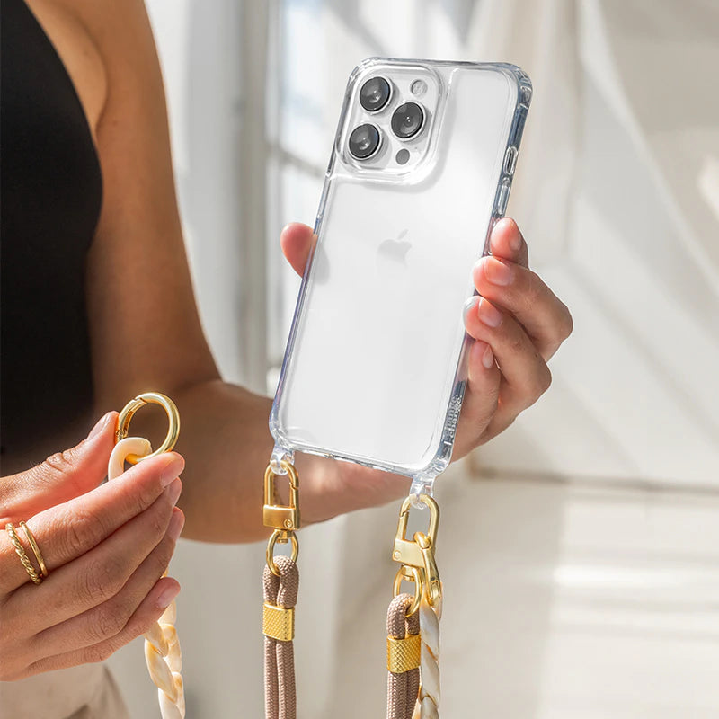 iPhone 16 Pro Max Crossbody Case Clear Case Taupe Gold
