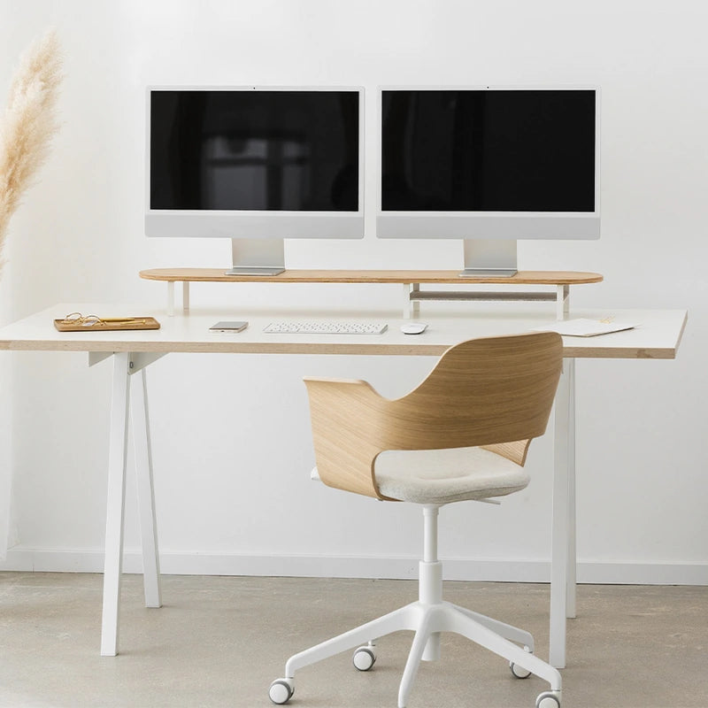 Monitor elevation for 2 monitors with tray oak