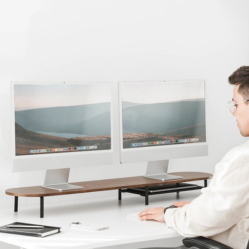 Monitor stand with shelf for 2 monitors wood