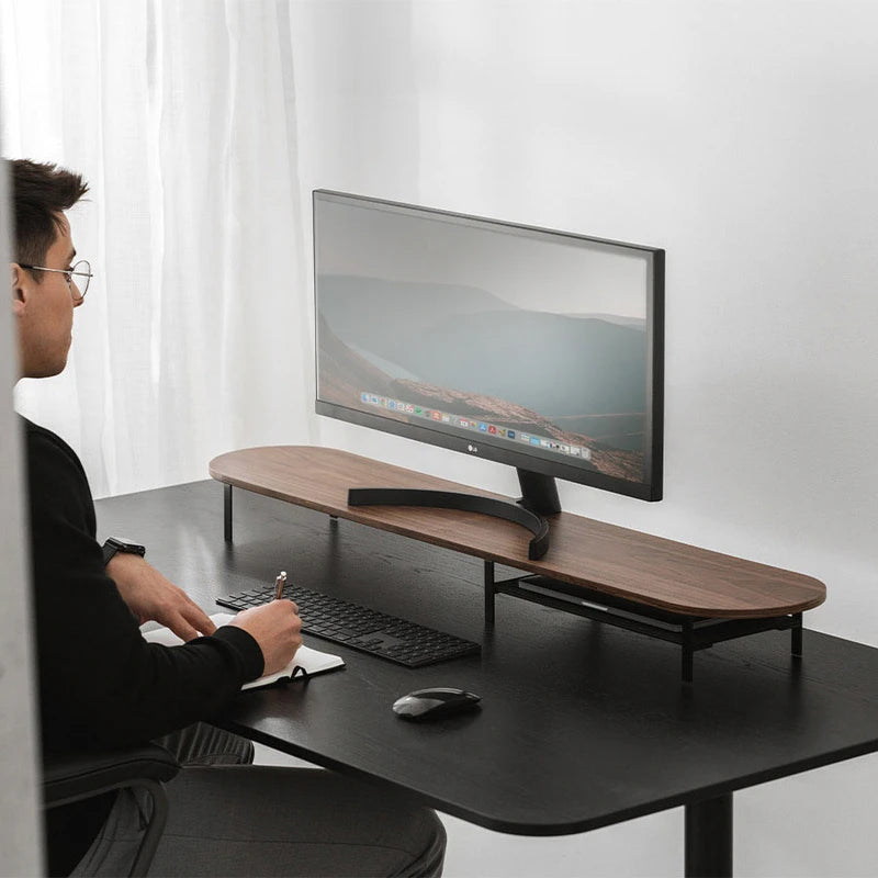 Monitor stand with shelf for 2 monitors wood