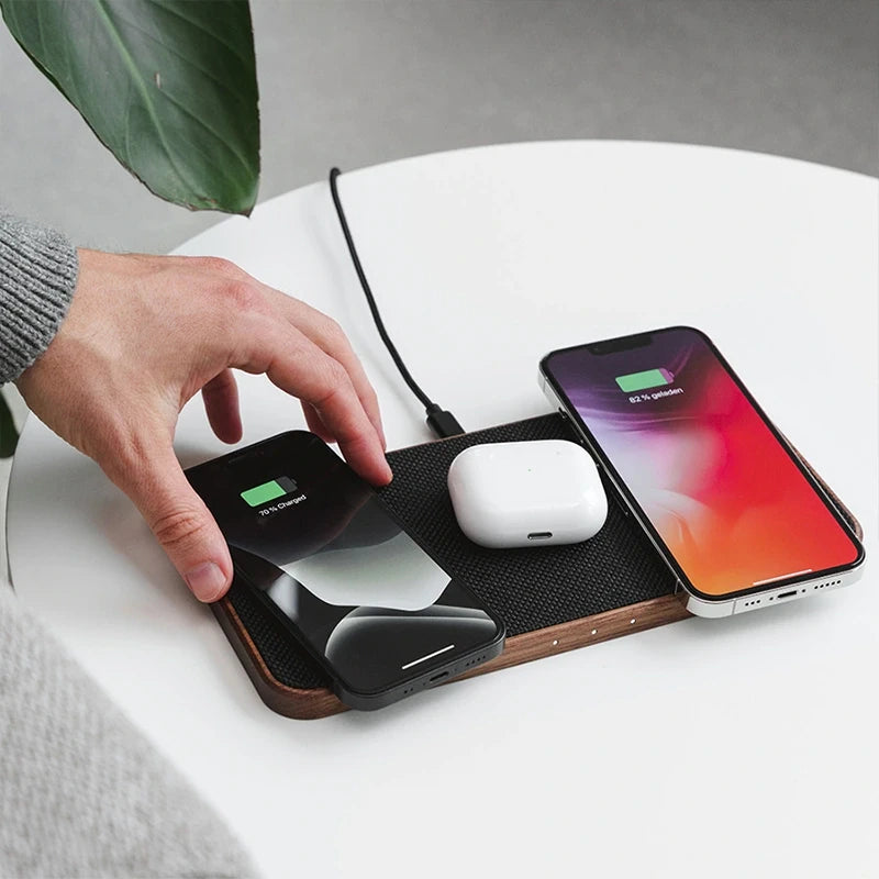 Wooden inductive charging station for 3 devices