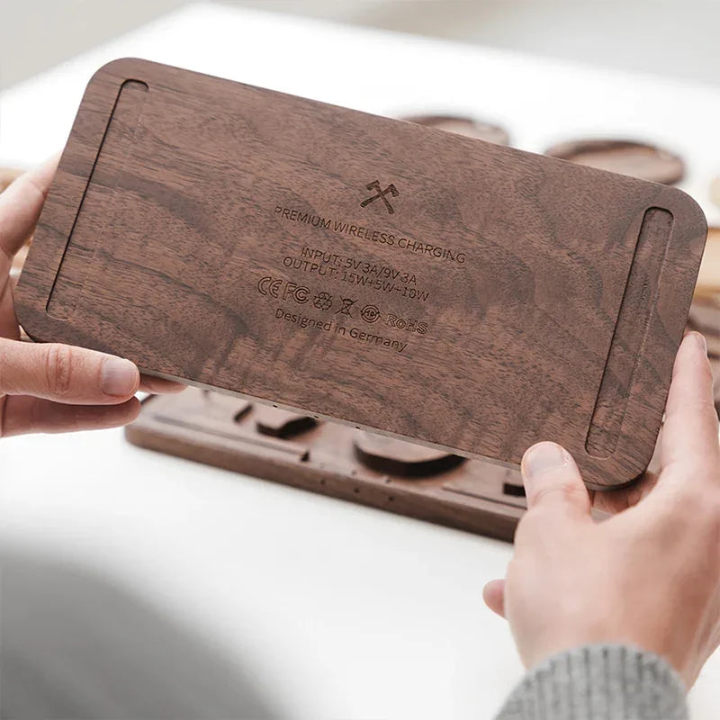 Wooden inductive charging station for 3 devices
